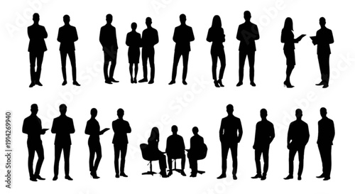 A diverse set of businessperson silhouettes, depicting various poses and interactions in a corporate setting isolated on transparent background, Vector