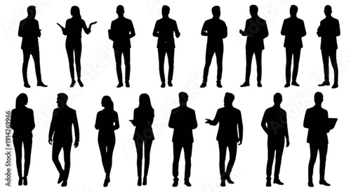 Collection of black silhouettes of men and women in various standing poses isolated on transparent background, Vector