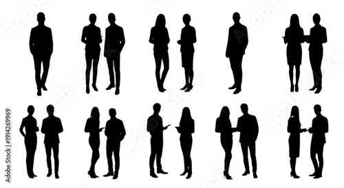 A collection of black silhouettes featuring business people in various standing postures isolated on transparent background, Vector