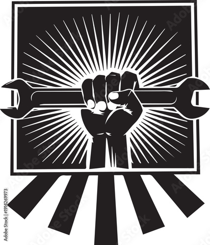 Vintage Black and White Labour Day Poster Raised Fist Holding Wrench Vectors Illustration