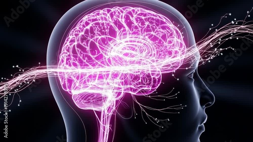 Human Brain Silhouette Neural Data Flow. AI Generated