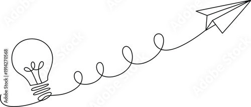 A black and white line of a light bulb connected by a curly line to a paper airplane line light bulb