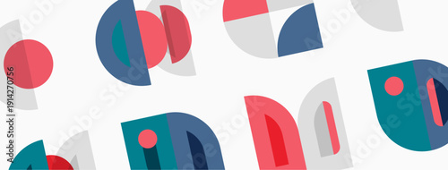 Abstract geometric shapes repeat. Pink, teal, gray colors dominate design. Minimalist pattern creates modern aesthetic.