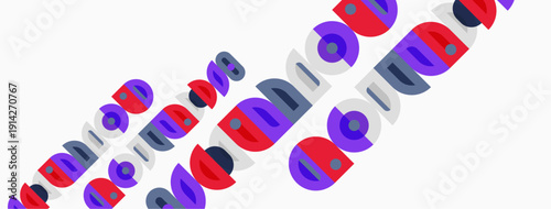 Abstract design features colorful overlapping circles, diagonal arrangement. Minimalist aesthetic, vibrant hues create dynamic composition.