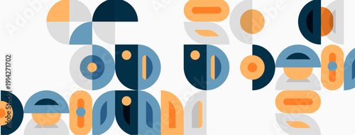 Abstract geometric shapes overlap, creating modern pattern. Colors include blue, orange, gray, white. Minimalist design feels playful.