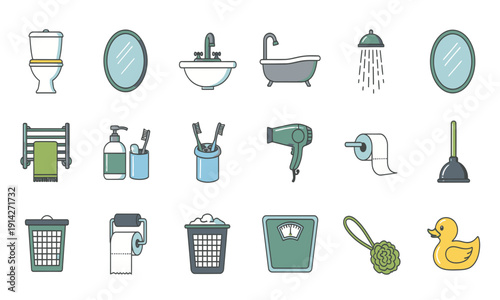 Collection of bathroom icons including a toilet, sink, bathtub, shower, mirror, hairdryer, and bath accessories