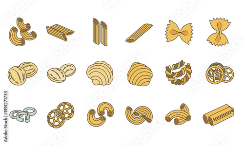 A delightful assortment of popular pasta varieties, showcasing a diverse range of Italian culinary shapes and textures, perfect for various cooking applications and gourmet meals