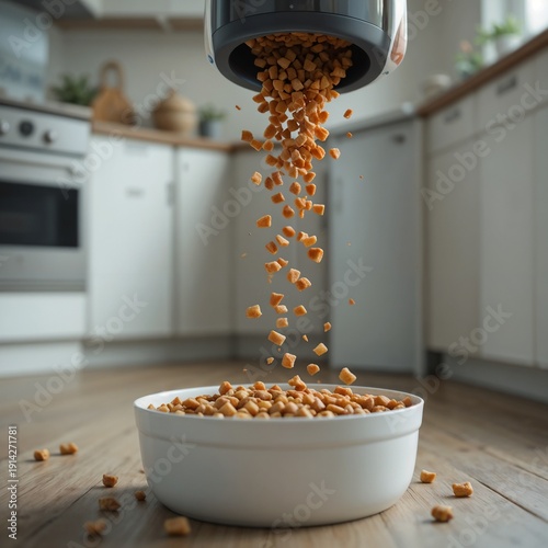 Close-up of kibble grains falling in a gentle stream from a smart pet feeder into a waiting bowl