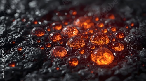 A high-detail 3D render of small, fiery liquid spheres scattered across a dark, textured basalt or charcoal background, capturing the intense heat and light of molten magma