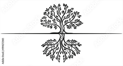 Black ink tree with reflection on white background, graphic illustration, stock media