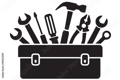 Toolbox filled with various tools in a simple black silhouette illustration on a plain background from a straightforward viewpoint