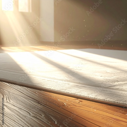 Sunlight Dance: A play of light and shadow graces a room, with sunlight streaming through a window to illuminate the wooden floor and a soft carpet.