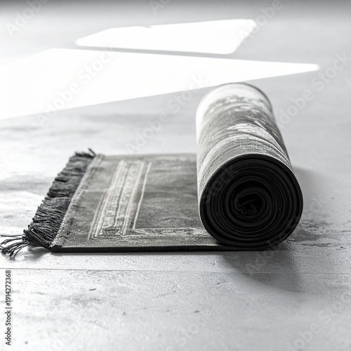 Rolled Up Carpet on Floor: The scene captures a meticulously rolled-up carpet, ready to be deployed. Its intricate designs and textures create an appealing pattern on the solid floor.