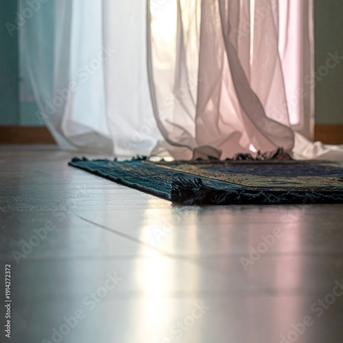 Daylight Scene: Sunlight streams through delicate curtains, illuminating a folded rug on a polished floor, capturing the subtle beauty of a serene interior space.