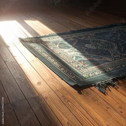 Sunlit Carpet on Hardwood Floor: The play of light on a decorative rug and wooden floor creates an atmosphere of peace and tranquility, emphasizing natural textures and the warmth of a home setting.
