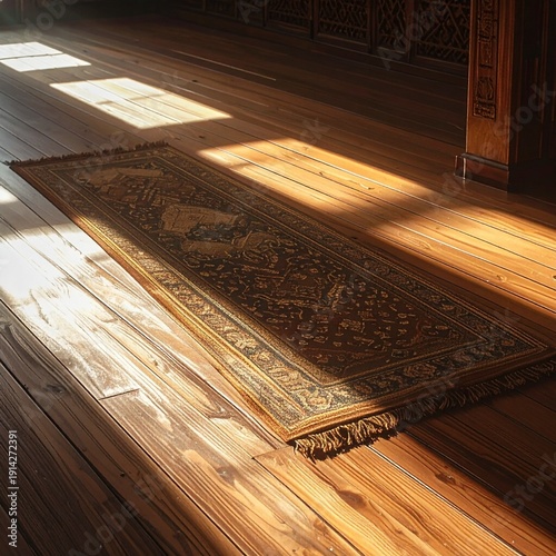 Sunlit Oriental Rug: A beautifully patterned oriental rug lies gracefully on a polished wooden floor, with sunlight casting shadows. A sense of history and serenity.
