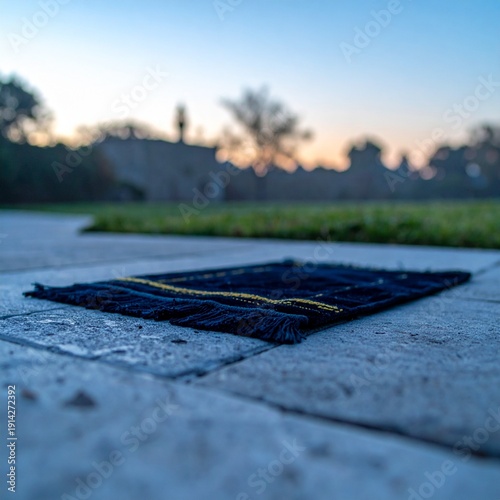 Prayer Rug at Dusk: An inviting prayer rug sits peacefully on a stone surface, bathed in the soft hues of twilight, hinting at moments of quiet reflection and spiritual connection.