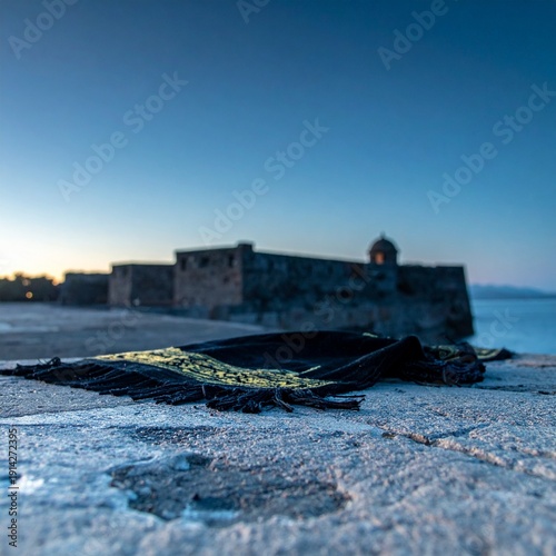 Ancient Fortress at Dusk: An imposing ancient fortress stands sentinel as the day gently transitions to twilight, overlooking the tranquil waters.