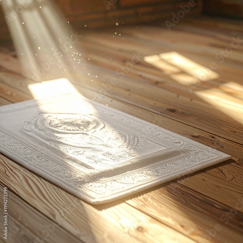 Serene Prayer Rug: A sunlit prayer rug rests gently on a polished wooden floor, its intricate design bathed in beams of heavenly light, creating a sense of peace and contemplation.