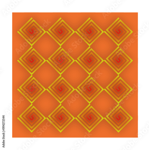 Layered golden diamonds twist inward in rhythmic spirals, glowing against a warm orange field with hypnotic geometric harmony.