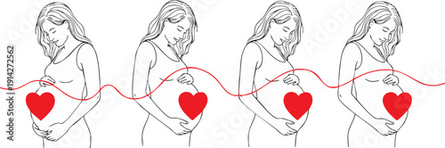 Vector line art illustration of four pregnant women with red hearts on their bellies connected by a wavy red line, isolated on a white background.