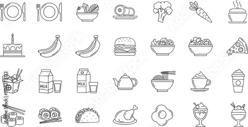 Vector line icon set of 28 diverse food and drink items including pizza, burger, sushi, and healthy vegetables।