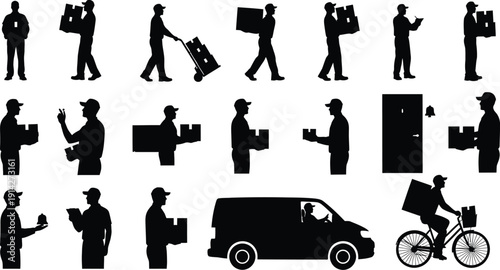 Delivery worker silhouettes show package.