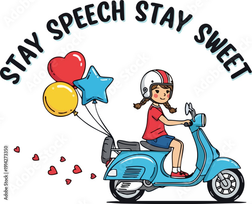Vector illustration of a cute girl in a white helmet riding a blue scooter with red heart, yellow circle, and blue star balloons, leaving a trail of tiny red hearts