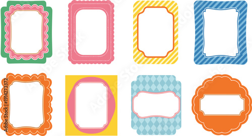 Vector illustration set of eight colorful vintage frames and decorative labels for scrapbooking, tags, and invitation designs।