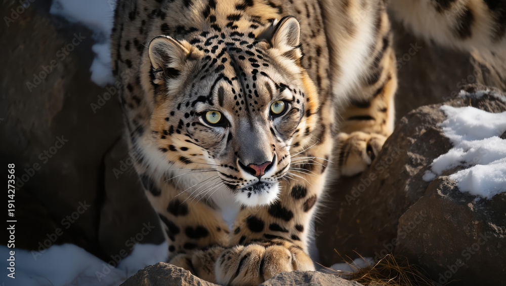 Obraz premium A powerful snow leopard with intense golden eyes stalks through a rocky, snow-dusted mountain terrain. Its thick, spotted fur and sharp gaze capture a moment of silent, predatory focus