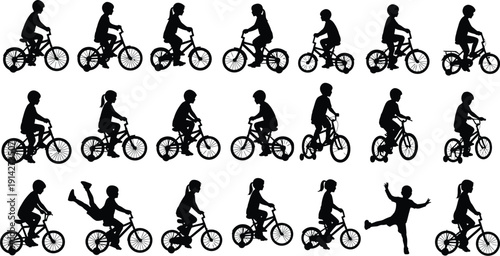 Children ride bicycles in side profile views.