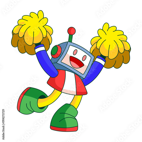 A flat style illustration showing a robot character cheering loudly