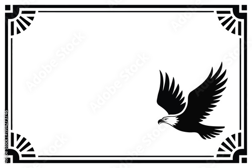 Eagle flying gracefully, within an ornate decorative border, featuring intricate feathers, majestic pose, and elegant ornamental design elements for branding, logos, and creative projects.