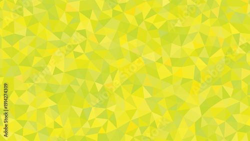 A vibrant geometric mosaic pattern features numerous bright yellow and green triangular shapes creating a lively surface