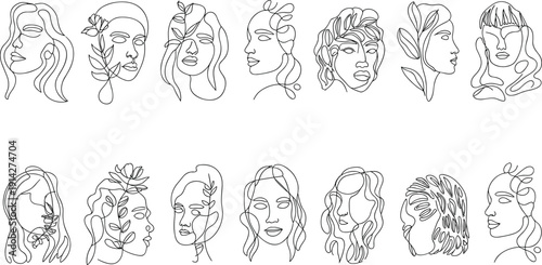 Line of Women with Floral in Various Styles and Poses line women floral hair faces profiles side views
