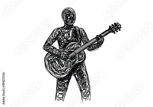 Abstract illustration of a person playing an acoustic guitar in a sketched, stylized manner