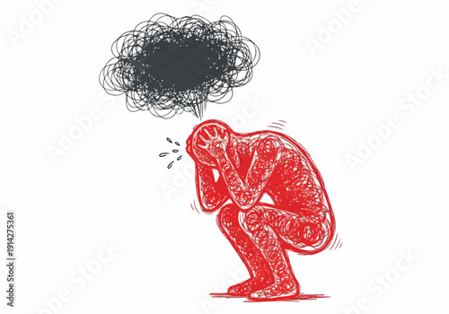 Illustration of a distressed person with a dark cloud of thoughts above their head, symbolizing mental health struggles, anxiety, and emotional turmoil