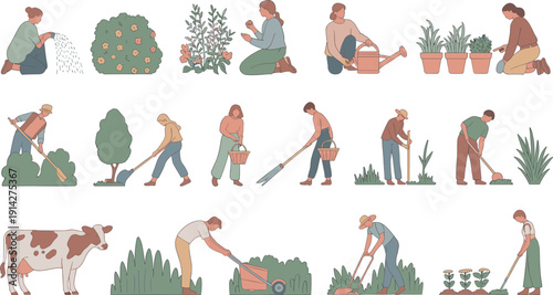 People gardening and tending to plants and a cow in a rural setting with various gardening tools and activities