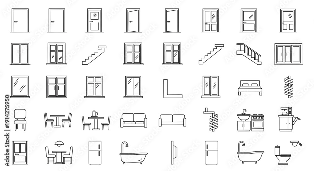 Obraz premium Interior Architectural Icon Sheet Vector Black Line Art Collection