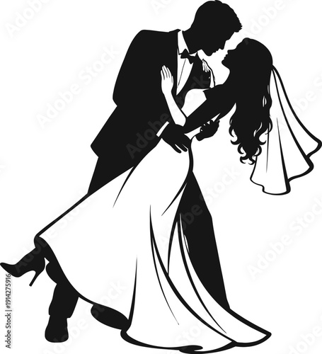 A black vector silhouette illustration of a groom dipping his bride on a white background. The groom is wearing a tuxedo and the bride is wearing a long flowing wedding gown and veil. Perfect for wedd
