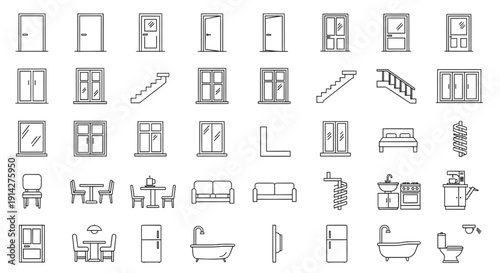 Interior Architectural Icon Sheet Vector Black Line Art Collection