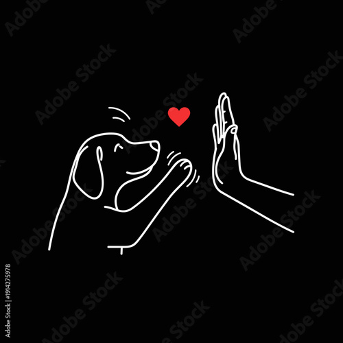 Cute Dog High Five Love Line Art Logo Design with Minimal White Outline