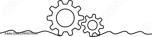 Two black and white gears meshing together on a wavy line background outline