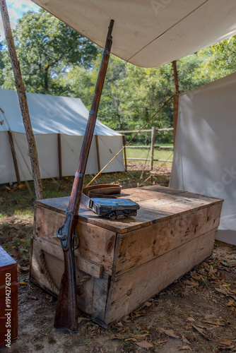 Bilde på lerret A muzzle loader and an ammo pouch from an American Civil War reenactment