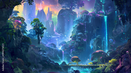 Fantasy landscape with dreamy mountains and forest