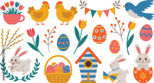 Cute easter spring elements with bunnies chicks decorated eggs flowers birdhouse and basket cartoon vector set