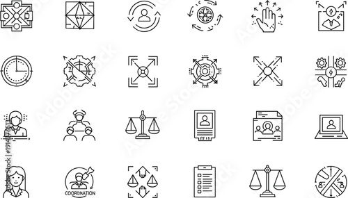 Business strategy and leadership line icon set with management teamwork target coordination balance outline vector collection