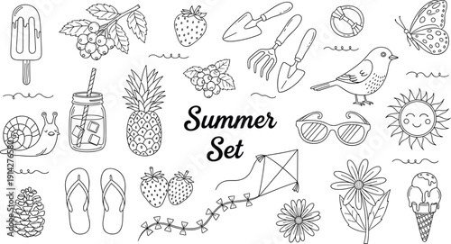 Summer hand drawn doodle elements set with pineapple sunglasses flip flops kite flowers and ice cream vector