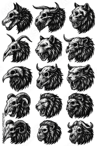 Monstrous Animal Skull Collection in Gothic Woodcut Illustration Style