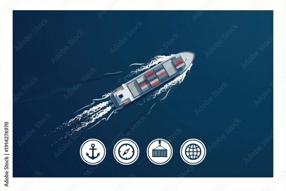 Fototapeta premium Modern cargo ship navigating through deep blue waters with nautical icons representing maritime logistics supply chains and global trade connectivity